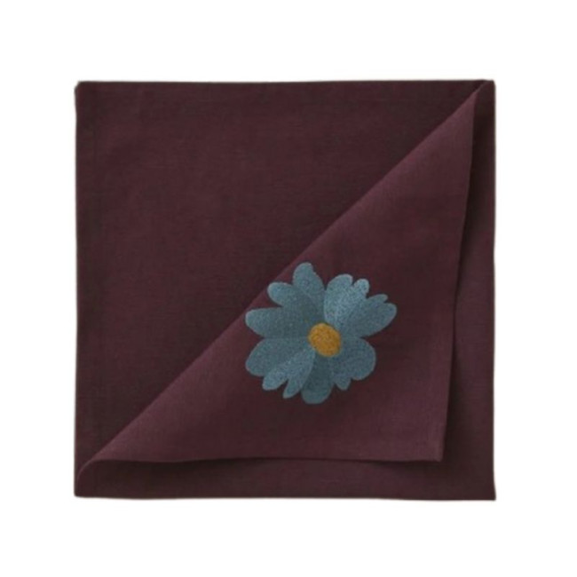 Serviette de table brodée Coup de Foudre Prune, Sylvie Thiriez