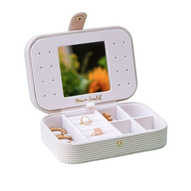 Boîte à Bijoux de Voyage Brigitte Velours Côtelé Beige, Maison Scarlett