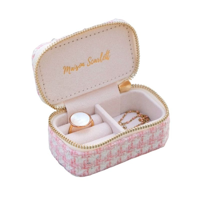 Boîte à Bijoux de Voyage Marie Pied de Poule Rose, Maison Scarlett