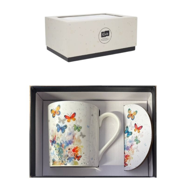 Coffret Mug 28cl et Sous Tasse Papillons, Kiub