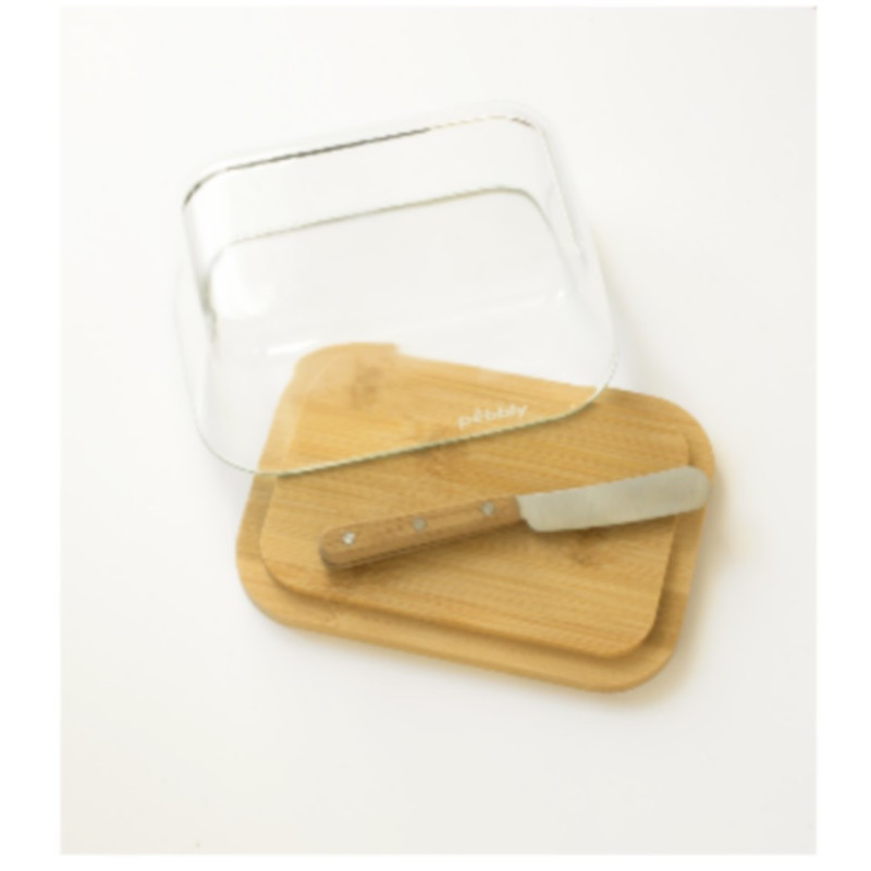 Pebbly - Beurrier en  verre et bambou avec couteau, Pebbly - PEBBLY