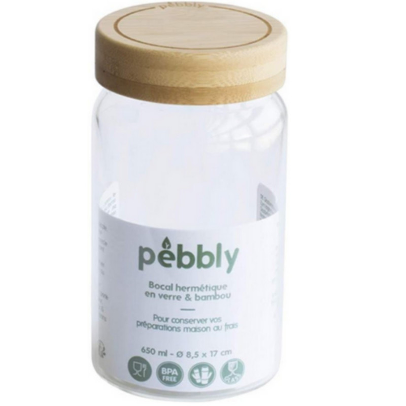 Pebbly - Bocal rond en verre avec couvercle en bambou, Pebbly 850 ml - PEBBLY