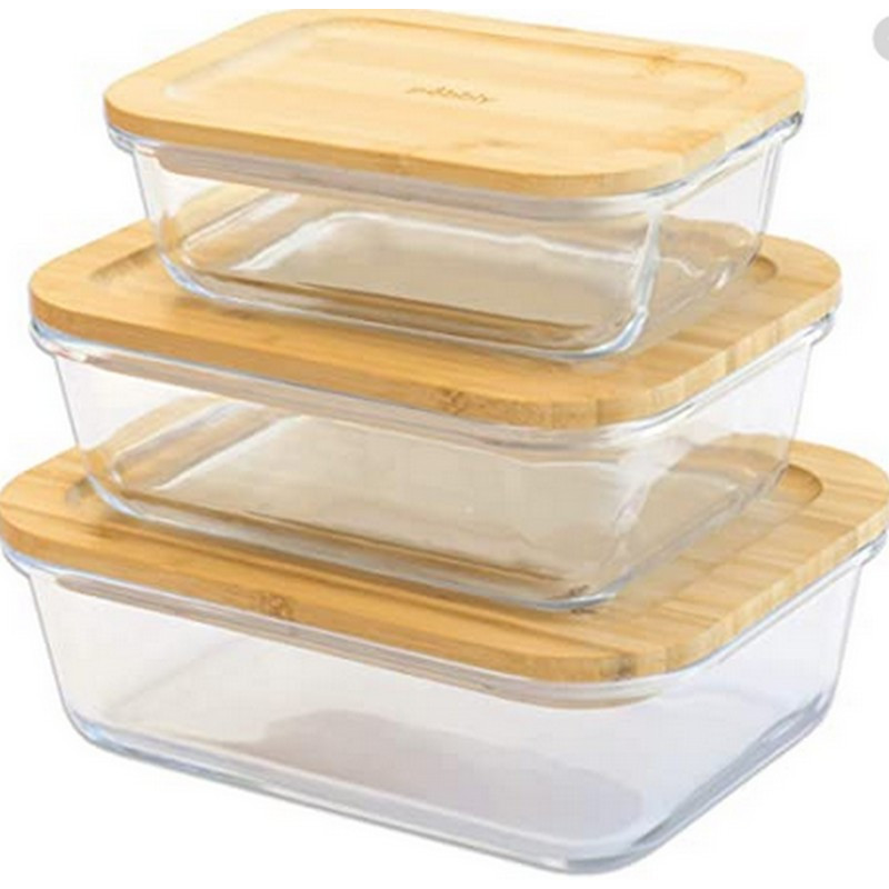 Pebbly - Set de 3 boîtes en verre et bambou, Pebbly Carré - PEBBLY