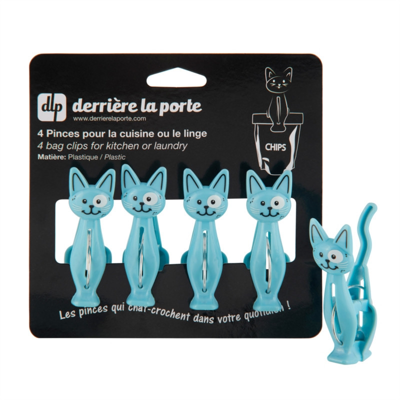 DERRIERE LA PORTE - Lot de 4 pinces à linge Chat, Derrière la porte Bleu - DERRIERE LA PORTE