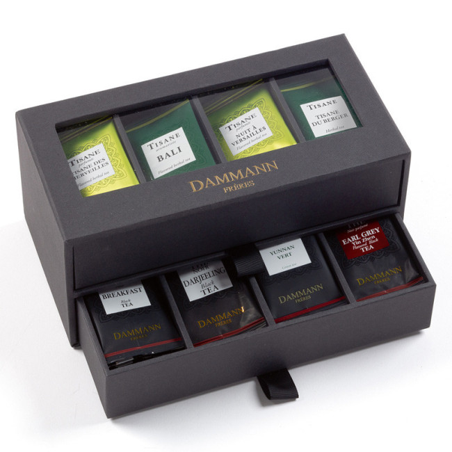 Coffret thé 24H/24 coffret noir 2 tiroirs garni de 56 sachets, Dammann Frères