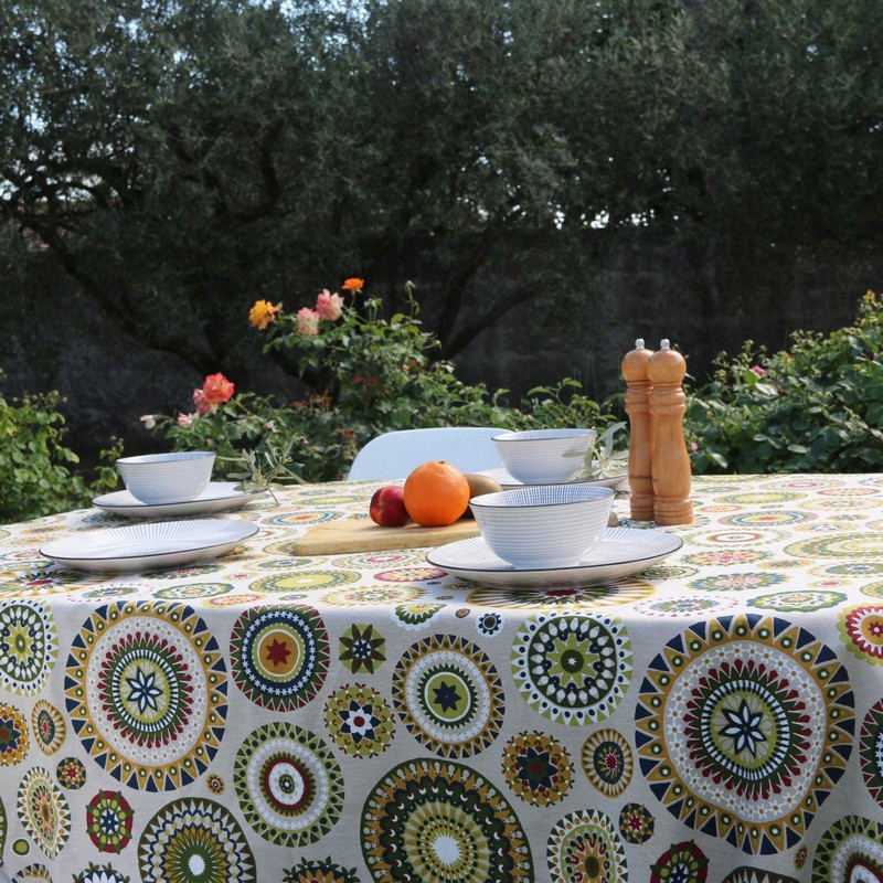 Sud Etoffe - Nappe enduite Mandala Emeraude, Sud Etoffe 200 x 150 cm - Sud Etoffe